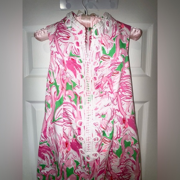 Lilly Pulitzer Alexa Shift Dress Flamingo Pink Green White Lace Size 0 - Picture 3 of 14